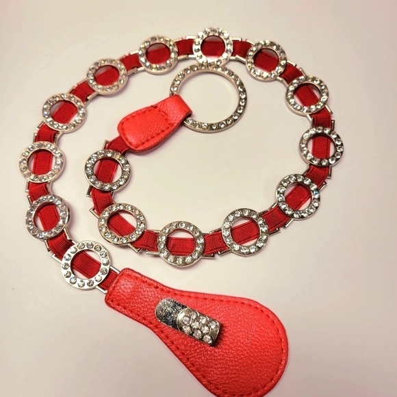 WOMENS Red Stretch Belt Bling Crystals Buckle Elasticized Band Belt - Picture 1 of 16